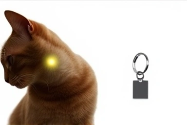 Symbolic representation of cat microchip vs. collar tag for identification.