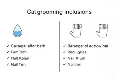 Comparison of cat grooming service inclusions and potential extra costs.