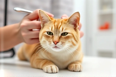 Calm cat being groomed without anesthesia by a professional.