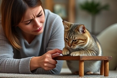 Owner observing anxious cat excessively grooming its paw