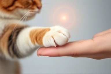 Cat paw and human hand with protective aura