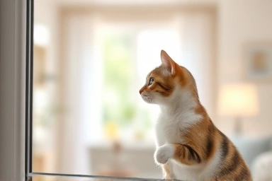 Cat looking safely out window with safety screen.