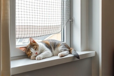Cat sleeping safely indoors by a secure window guard.