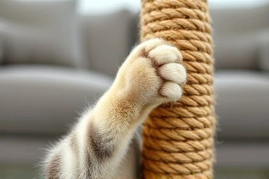 Cat paw on scratching post, undamaged sofa, cat behavior solution