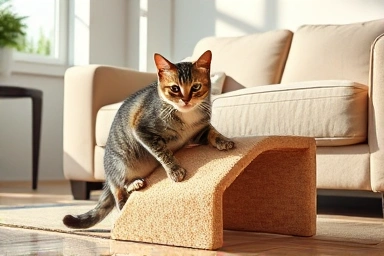 Cat happily scratching its designated post in a well-placed spot.