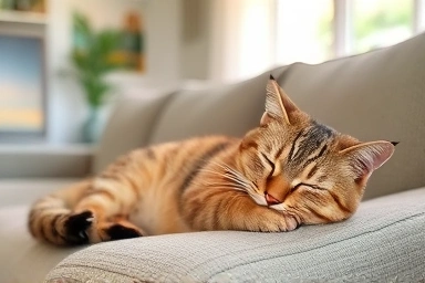Cat sleeping peacefully in a familiar, comfortable home.