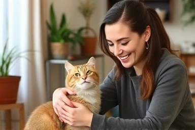 Pet sitter providing attentive care and interaction to a cat.