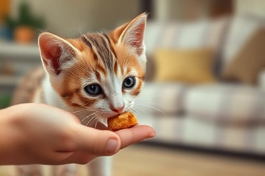 Kitten gently interacting with a human hand.