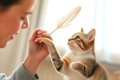 Cat playing with a feather wand toy with owner.