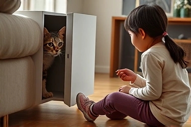 Cat cautiously observing a visitor, offering a treat.