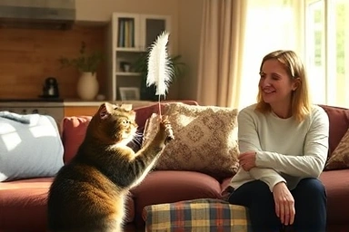 Cat playing calmly with a visitor, building trust.