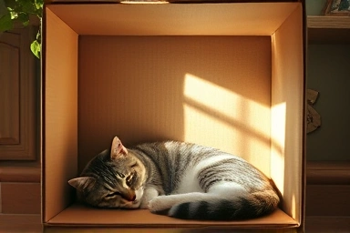 Calm cat in a safe hideaway, peaceful environment.