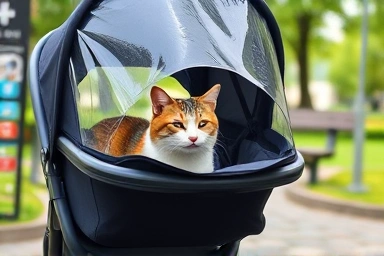Calm cat enjoying a ride in a pet stroller outdoors.