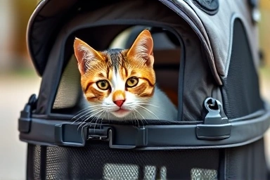 Close-up of a cat in a secure and comfortable pet stroller.