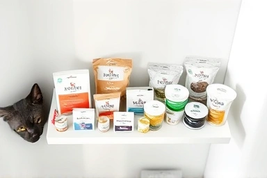 Premium cat products arranged on a shelf.