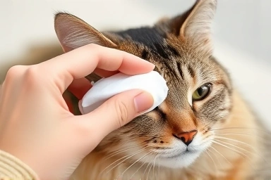 Cat eye cleaning, pet care, gentle grooming.