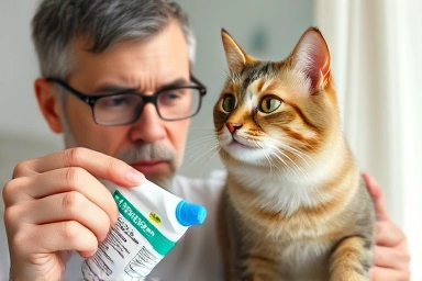 Cat owner checking cat toothpaste ingredients with happy cat.