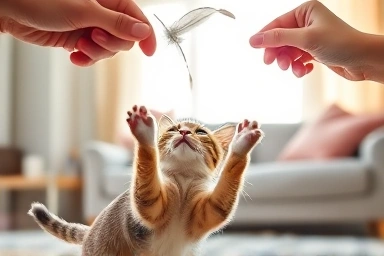 Cat pouncing on feather toy, playful engagement