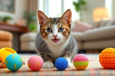 Happy cat playing with curated subscription box toys.