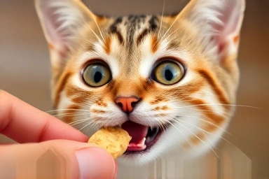 Cat eagerly awaits a training treat from owner's hand.