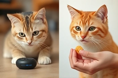 Cat training with clicker and receiving reward treat.