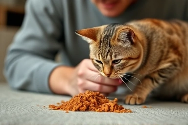 Cat owner caring for a cat with vomiting issues.
