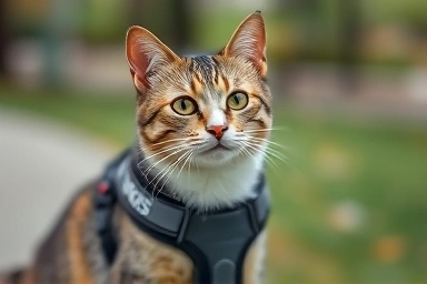 Cat wearing harness, alert and enjoying a walk.