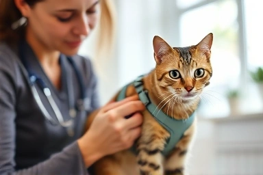 Veterinarian fitting harness on cat, positive reinforcement training