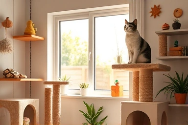 Enriched indoor cat environment, cat observing outside from perch