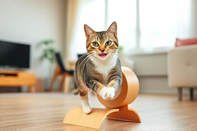 Happy cat running on a silent wooden cat wheel indoors.