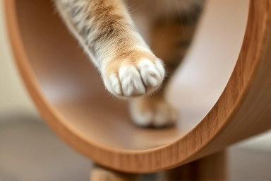Close-up of cat paws running on a silent cat wheel.