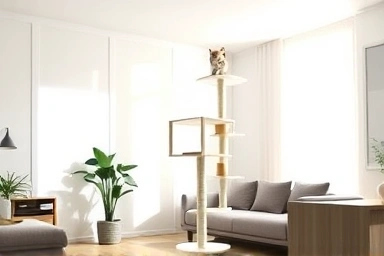 Modern living room with ceiling-mounted cat tree for pets
