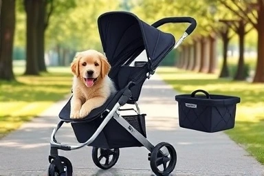 Happy dog in a versatile detachable stroller in a park.