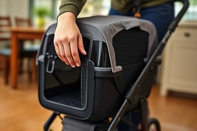 Easy detachment of dog carrier from stroller frame for portability.