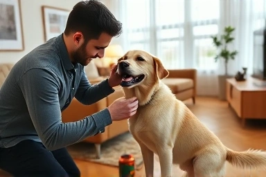 Dog trainer guiding owner and dog in positive training session.