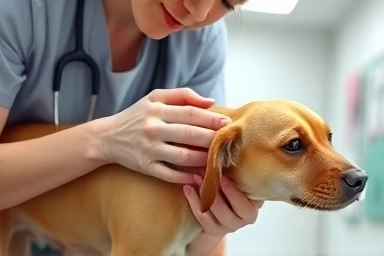 Veterinarian examining a dog with skin issues.