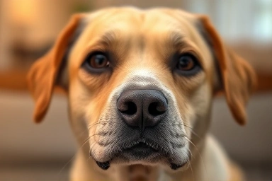 Elderly dog's kind eyes, comfort and care.