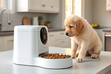 Automatic dog feeder dispensing food for a happy puppy.