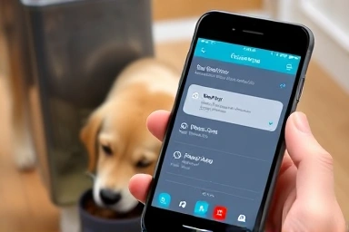 Smartphone app controlling a dog feeder for pet health.