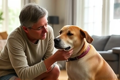 Owner comforting a calm dog in a cozy living room.