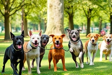 Happy, diverse dogs playing in a sunny park.