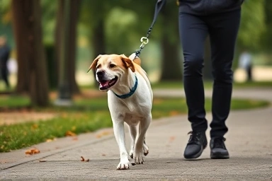 Happy dog walking calmly with owner, no barking.
