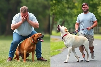 Frustrated vs. calm dog walking: problem and solution.