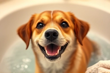 Happy dog enjoying a gentle, clean bath.