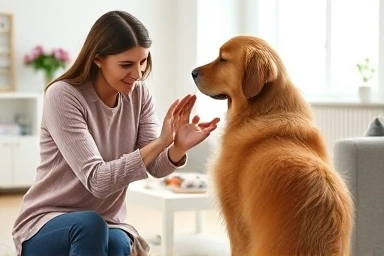 Dog trainer working with a golden retriever on positive reinforcement.