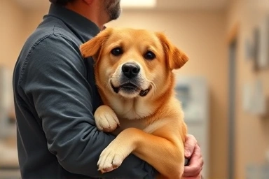 Happy dog owner embracing heroic canine companion