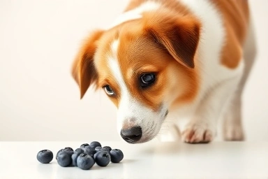 Dog looking at blueberries, healthy pet food.