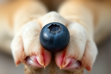 Dog paw reaching for blueberry, healthy dog treat.