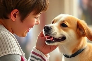 Person and dog sharing a loving, connected moment.