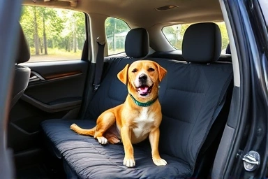 Dog in car with protective seat cover.